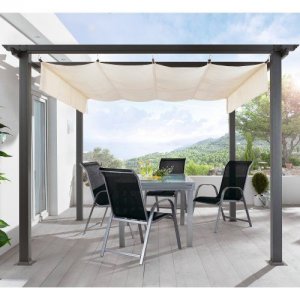 Terrassen-Pavillon-Pergola-Aluminiumgestell-Polyester-Dach-stufenlos-raffbar-290-x-290-x-220-cm-dunkelgrau-beige-0